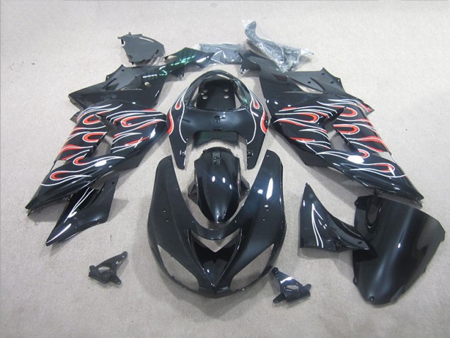 Kawasaki ZX10R 06-07 Motorrad Verkleidungen - Schwarz Weiß Rot Flamme Kawasaki ZX10R 06-07 Motorrad Verkleidungen - Schwarz Weiß Rot Flamme