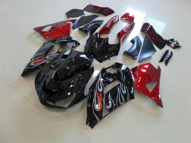Kawasaki ZX14R ZZR 1400 06-11 Motorrad Verkleidungen - Schwarze und rote Silberflamme Kawasaki ZX14R ZZR 1400 06-11 Motorrad Verkleidungen - Schwarze und rote Silberflamme