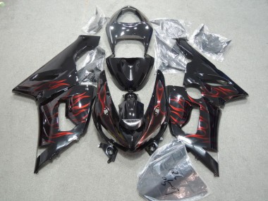 Kawasaki ZX6R 05-06 Motorrad Verkleidungen - Schwarz rote Flamme