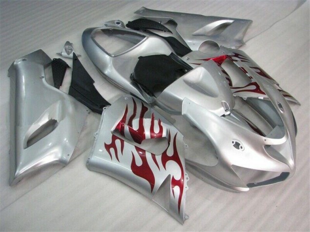 Kawasaki ZX6R 05-06 Motorrad Verkleidungen - Silber Rot Flammen Kawasaki ZX6R 05-06 Motorrad Verkleidungen - Silber Rot Flammen
