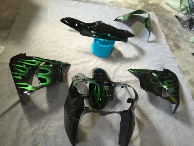 Kawasaki ZX9R 02-03 Motorrad Verkleidungen - Glänzend Schwarze Grüne Flamme Kawasaki ZX9R 02-03 Motorrad Verkleidungen - Glänzend Schwarze Grüne Flamme