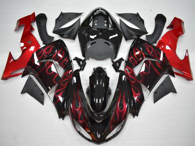 Großhandel Kawasaki ZX10R Motorrad Verkleidung 2006-2007 - Glanzendes Schwarz Rot Flamme
