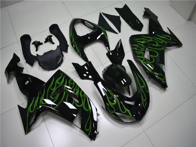 Großhandel Kawasaki ZX10R Motorrad Verkleidung 2006-2007 - Glanzendes Schwarz Grun Flamme