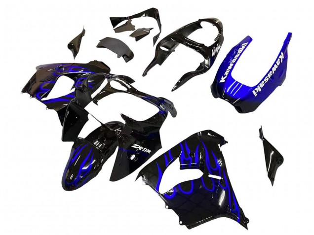 Großhandel Kawasaki ZX9R Motorrad Verkleidung 2000-2001 - Glanzendes Schwarz Blau Flamme Weiss