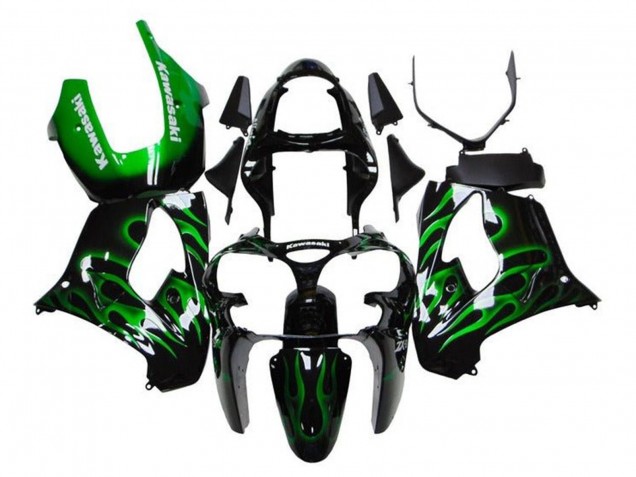Großhandel Kawasaki ZX9R Motorrad Verkleidung 2000-2001 - Glanzendes Schwarz Grun Flamme Weiss