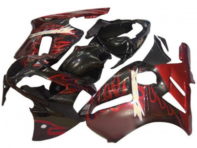 Großhandel Kawasaki ZX12R Motorrad Verkleidung 2000-2001 - Glanzendes Schwarz Rot Flamme