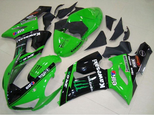 Großhandel Kawasaki ZX6R Motorrad Verkleidung 2005-2006 - Grun Glanzendes Schwarz Elf Monster