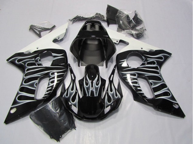 Großhandel Yamaha YZF R6 Motorrad Verkleidung 1998-2002 - Glanzendes Schwarz Weiss Flamme