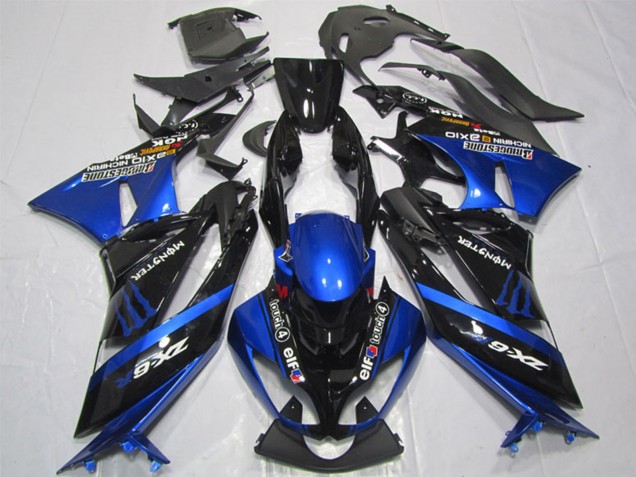 Großhandel Kawasaki ZX6R Motorrad Verkleidung 2009-2012 - Blau Glanzendes Schwarz Elf Touch4 Monster Bridgestone