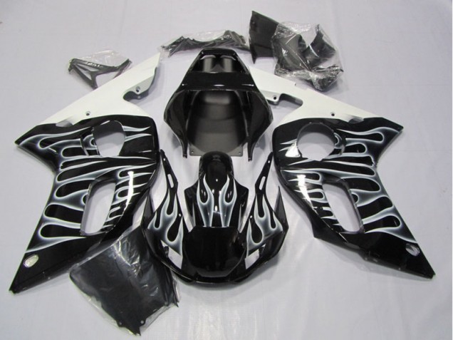 Yamaha R6 98-02 Motorrad Verkleidungen - Schwarze Weiße Flamme Yamaha R6 98-02 Motorrad Verkleidungen - Schwarze Weiße Flamme